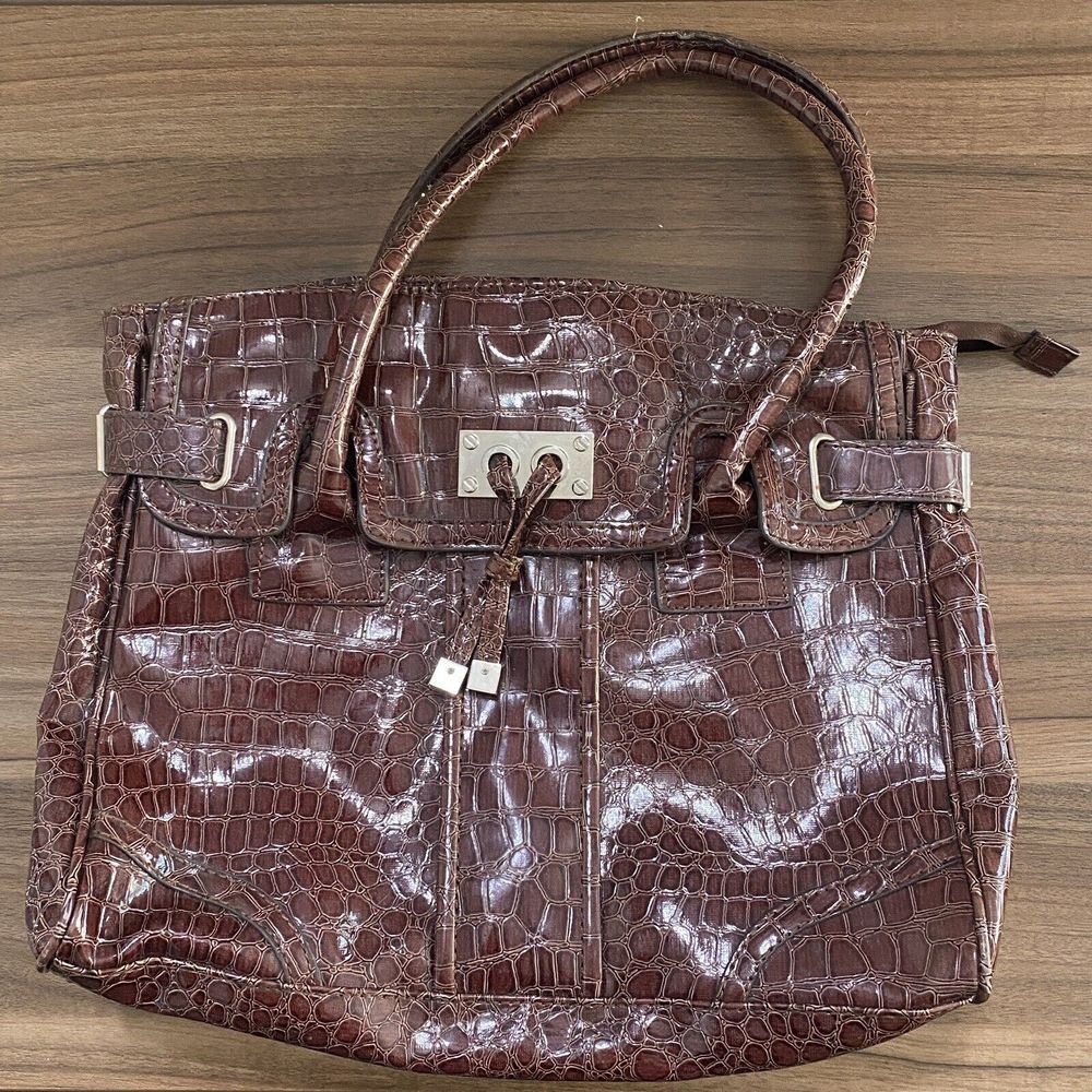 New York & Company Purple Textured Purse/Portfolio Bag Double Handles Zipper Top
